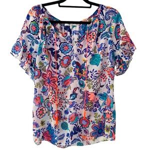 Milly Floral Sheer Ruffle Sleeves Flowy Top, Size L, EUC